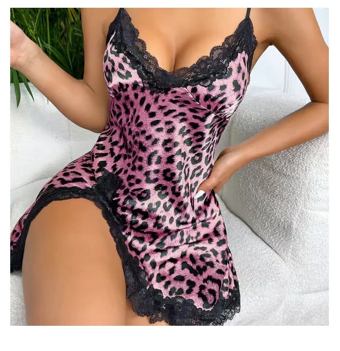 Lace Trim Leopard Nightdress V Neck Backless Side Split Slip Sleep Dress Women's Sleepwear Dresses