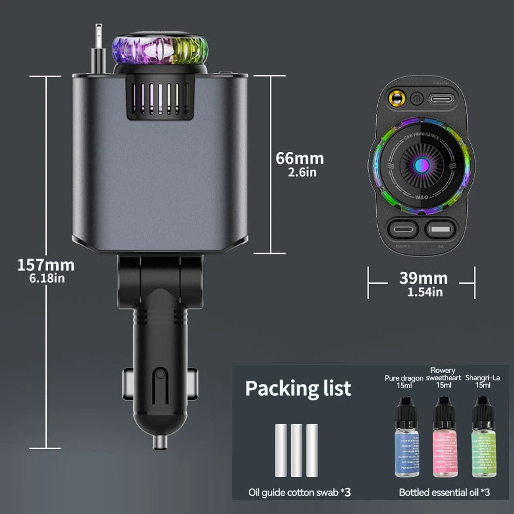 5-In-1 Car Aromatherapy Essential Oil Diffuser Starry Light 45W Retractable Phone Charger with IOS Type C PD30W Cable For IPhone