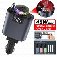 5-In-1 Car Aromatherapy Essential Oil Diffuser Starry Light 45W Retractable Phone Charger with IOS Type C PD30W Cable For IPhone
