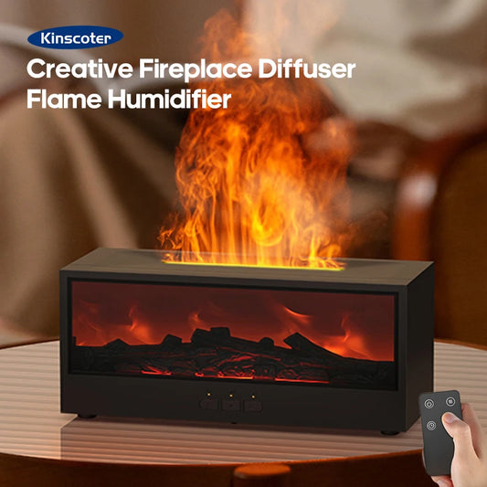 Upgraded Fireplace Diffuser 7-Color LED Flame Effect 300ml Cool Mist Humidifier Remote Timer Relaxing Aromatherapy Home Office
