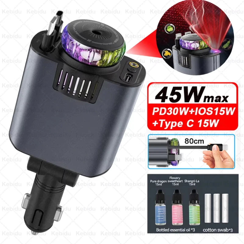 5-In-1 Car Aromatherapy Essential Oil Diffuser Starry Light 45W Retractable Phone Charger with IOS Type C PD30W Cable For IPhone